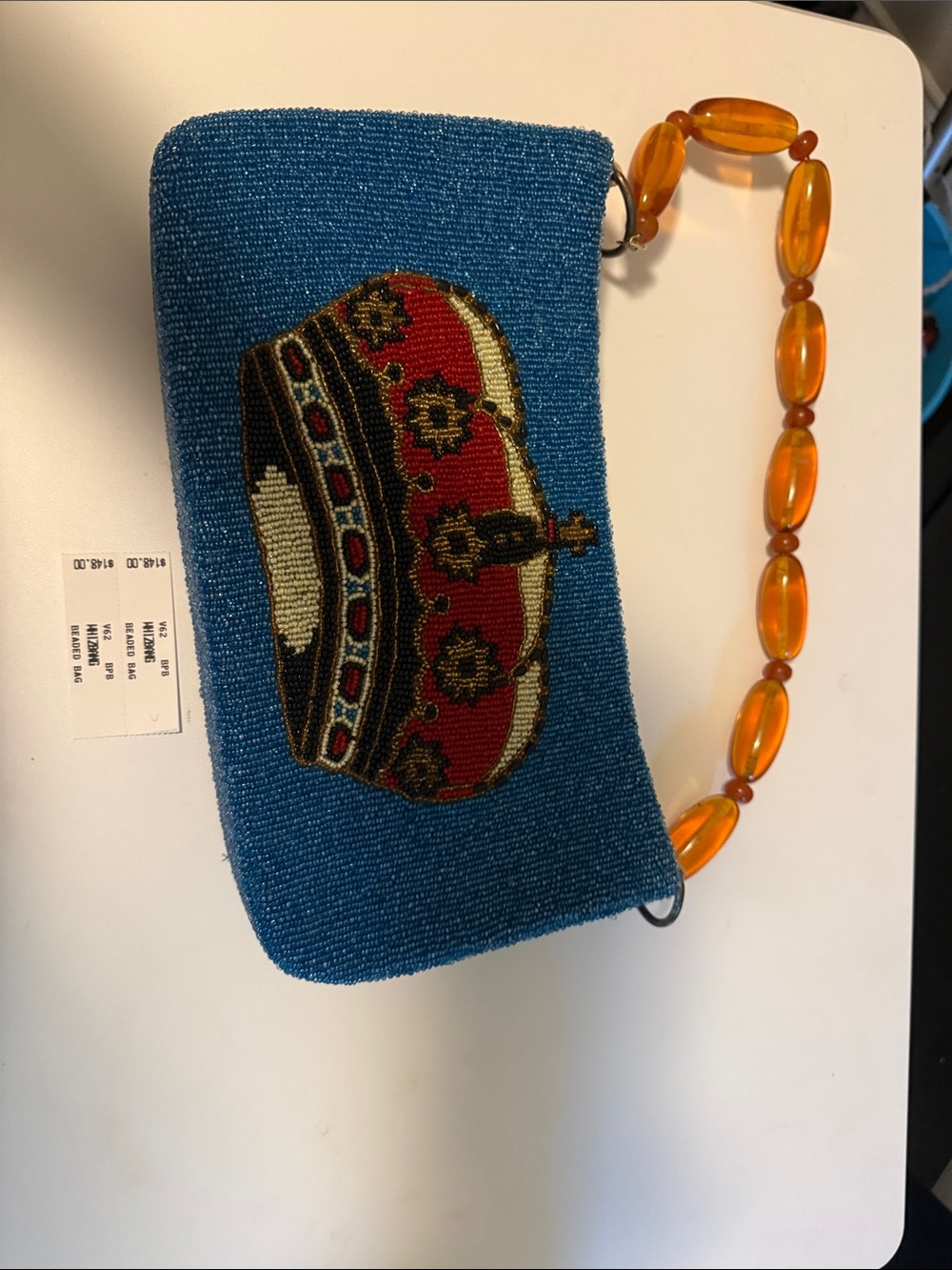 Beaded Blue Crown Motif Shoulder Bag with Amber Bead Handle